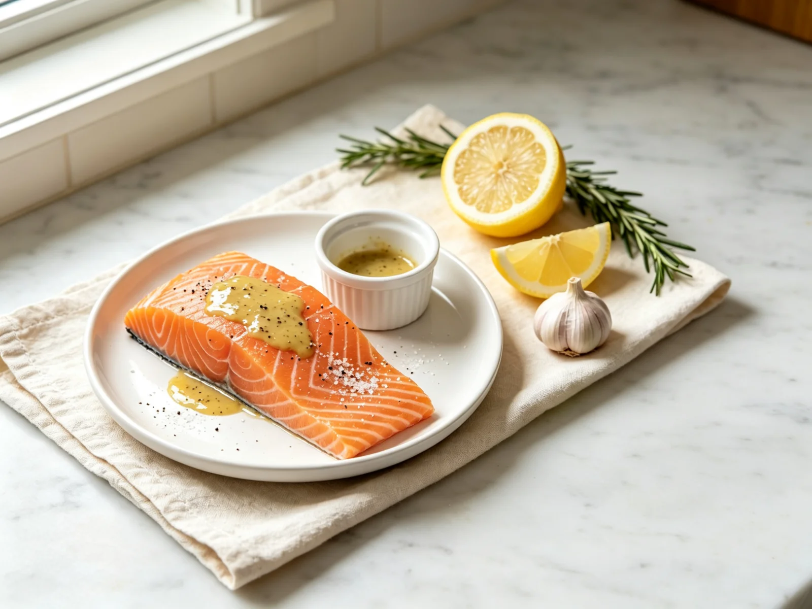 Six-ounce salmon fillet brushed with lemon garlic mustard glaze before air frying