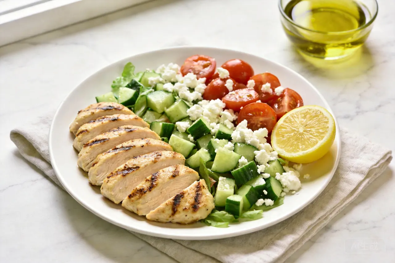 Greek Salad with Grilled Chicken Calories (390 Cal, 35g Protein) - 390 calorie lunch