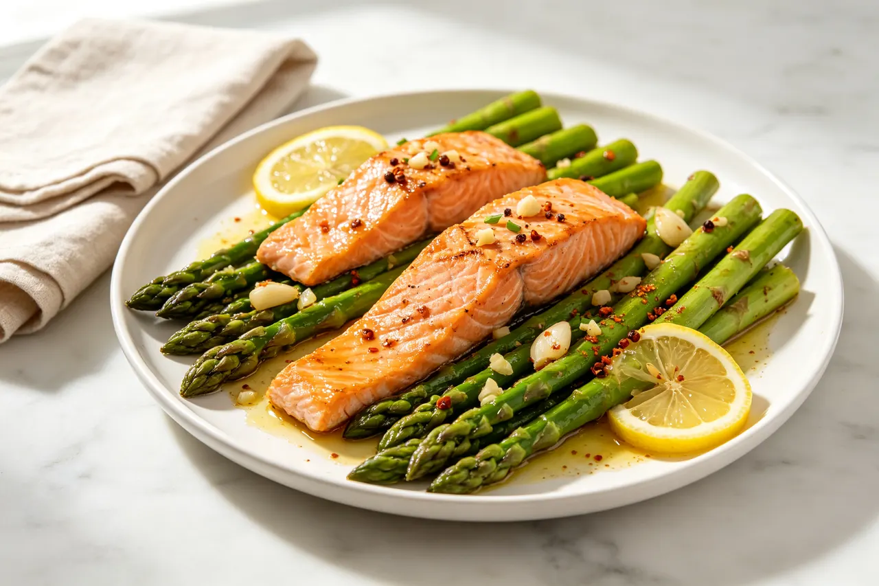 Sheet Pan Salmon and Asparagus - 360 calorie dinner