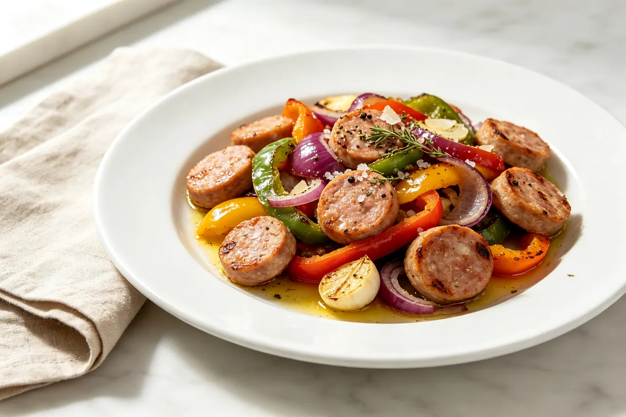 Sheet Pan Sausage and Peppers - 430 calorie dinner